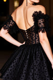 Off The Shoulder Black Appliqued A Line Homecoming Dress