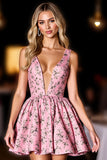 Floral Pink A Line Print Homecoming Dress