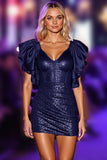 Navy Bodycon Ruffle Sleeve Homecoming Dress