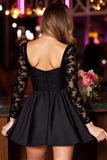 Black Appliqued Long Sleeve Homecoming Dress