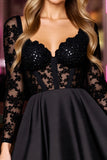 Black Appliqued Long Sleeve Homecoming Dress