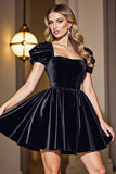Velvet Black A Line Homecoming Dress with Puff Sleeves