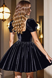 Velvet Black A Line Homecoming Dress with Puff Sleeves