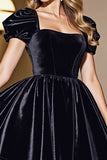 Velvet Black A Line Homecoming Dress with Puff Sleeves