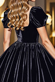 Velvet Black A Line Homecoming Dress with Puff Sleeves