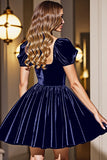 Velvet Black A Line Homecoming Dress with Puff Sleeves