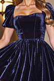 Velvet Black A Line Homecoming Dress with Puff Sleeves