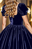 Velvet Black A Line Homecoming Dress with Puff Sleeves