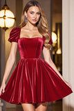 Velvet Black A Line Homecoming Dress with Puff Sleeves