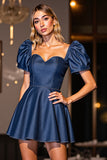 Dark Blue A Line Homecoming Dress with Puff Sleeves