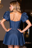 Dark Blue A Line Homecoming Dress with Puff Sleeves