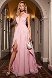 Pink A Line V-Neck Prom Dress with Slit