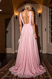 Pink A Line V-Neck Prom Dress with Slit