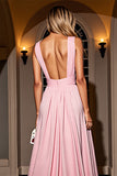Pink A Line V-Neck Prom Dress with Slit