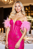 Fuchsia Strapless Ruched Homecoming Dress with Feathers