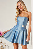 Strapless Blue A Line Satin Homecoming Dress