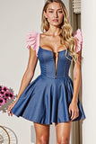 Dark Blue A Line Ruffle Sleeve Homecoming Dress