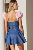 Dark Blue A Line Ruffle Sleeve Homecoming Dress
