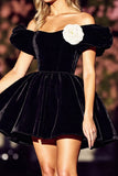 Black Off The Shoulder Velvet Homecoming Dress with 3D Flower