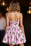 Pink Floral A Line Print Homecoming Dress