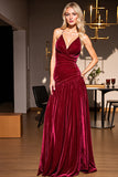 Burgundy Velvet Ruched A Line Prom Dress