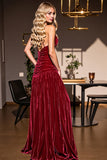 Burgundy Velvet Ruched A Line Prom Dress