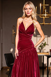 Burgundy Velvet Ruched A Line Prom Dress
