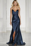 Dark Blue Mermaid Satin Formal Dress with Slit