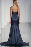 Dark Blue Mermaid Satin Formal Dress with Slit