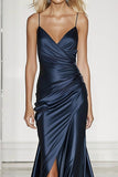 Dark Blue Mermaid Satin Formal Dress with Slit