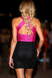 Halter Black And Fuchsia Cut Out Homecoming Dress