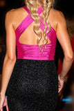 Halter Black And Fuchsia Cut Out Homecoming Dress