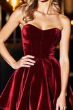 Velvet Strapless A Line Burgundy Homecoming Dress