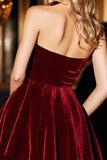 Velvet Strapless A Line Burgundy Homecoming Dress
