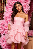 Strapless Tiered A Line Pink Homecoming Dress