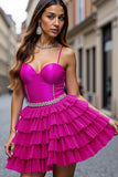 Fuchsia Tiered Beaded Homecoming Dress