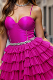 Fuchsia Tiered Beaded Homecoming Dress