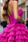 Fuchsia Tiered Beaded Homecoming Dress