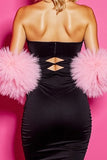 Strapless Black Cut Out Homecoming Dress with Feathers