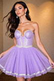 Strapless Beaded Purple A Line Homecoming Dress