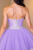 Strapless Beaded Purple A Line Homecoming Dress