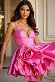 Fuchsia A Line Satin Homecoming Dress with 3D Flowers