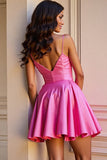 Fuchsia A Line Satin Homecoming Dress with 3D Flowers
