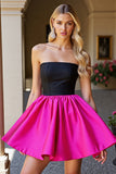 Strapless Fuchsia and Black A Line Homecoming Dress