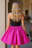 Strapless Fuchsia and Black A Line Homecoming Dress