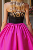 Strapless Fuchsia and Black A Line Homecoming Dress