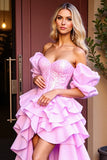 Strapless Tiered Pink Ruffled Homecoming Dress