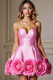 Strapless A Line Pink Homecoming Dress with 3D Flowers
