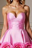 Strapless A Line Pink Homecoming Dress with 3D Flowers