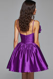 Dark Purple Ruched Satin Homecoming Dress with 3D Flowers